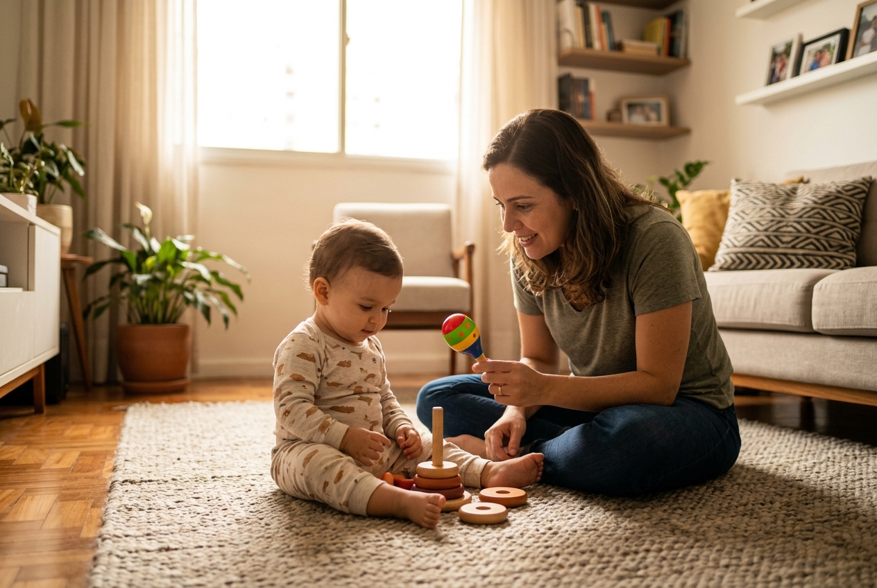 Mãe sentada no tapete interage com bebê usando um chocalho colorido e brinquedo de encaixe em sala residencial, ilustrando atenção ao desenvolvimento infantil e à surdez infantil.