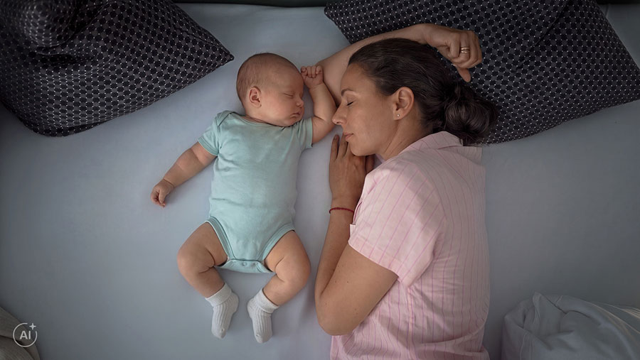 Pessoa e bebê dormindo lado a lado em uma cama, ilustrando o conceito de TICI, implante coclear invisível e totalmente implantável com acesso contínuo à audição.